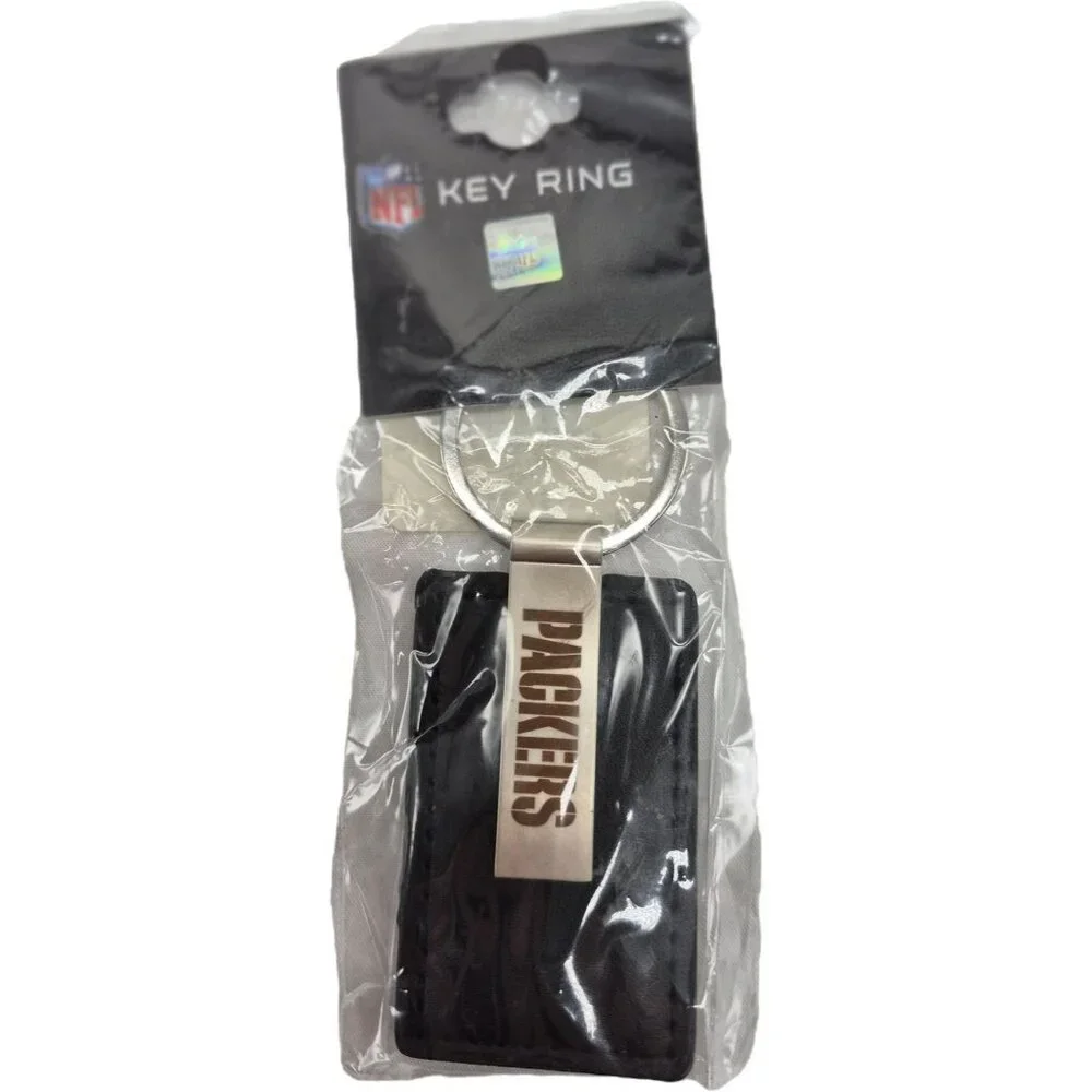 Aminco NFL Packers Black Leather Metal Key Ring Keychain Laser Engraved Black Si